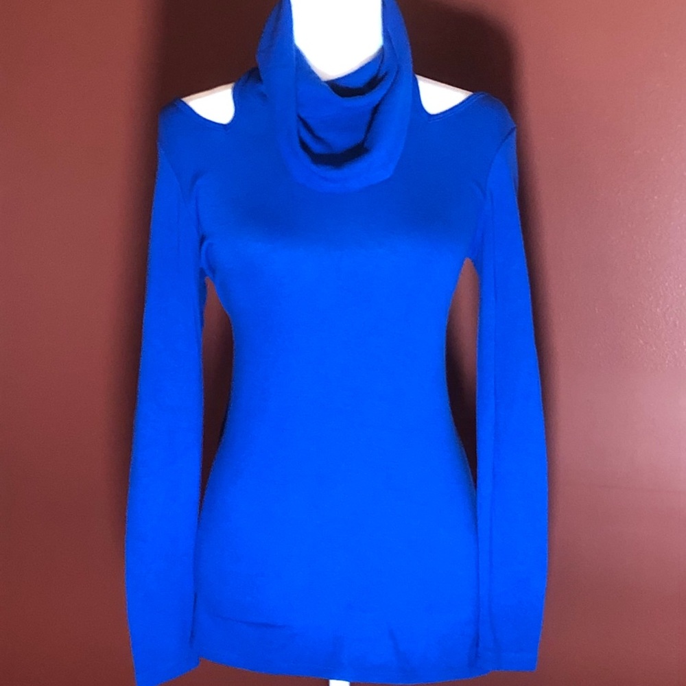 Karen Kane blue cut out cowl neck sweater, size S